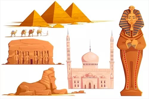 وکتور مجموعه کارتونی مصر باستان با اهرام و مجسمه و خدایان و الهه مصر
