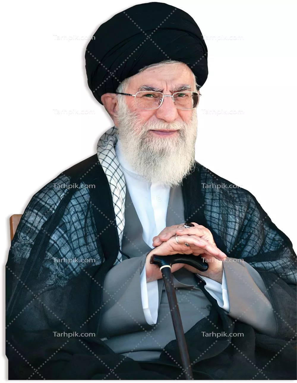 عکس دوربری شده آیت الله خامنه ای با عصا در دست و نشسته