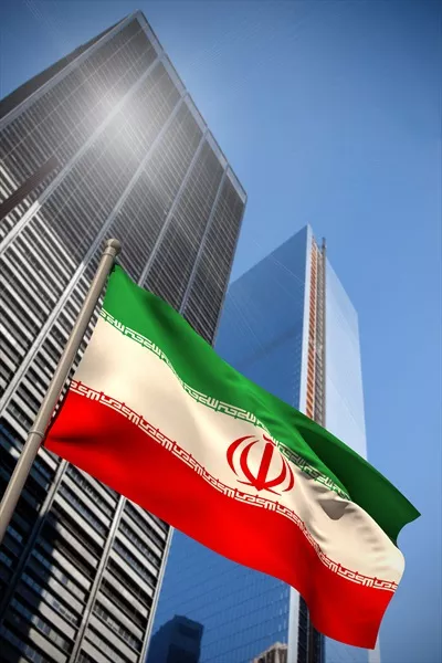 تصویر به کیفیت پرچم ایران در پس زمینه ساختمان سازمان ملل متحد