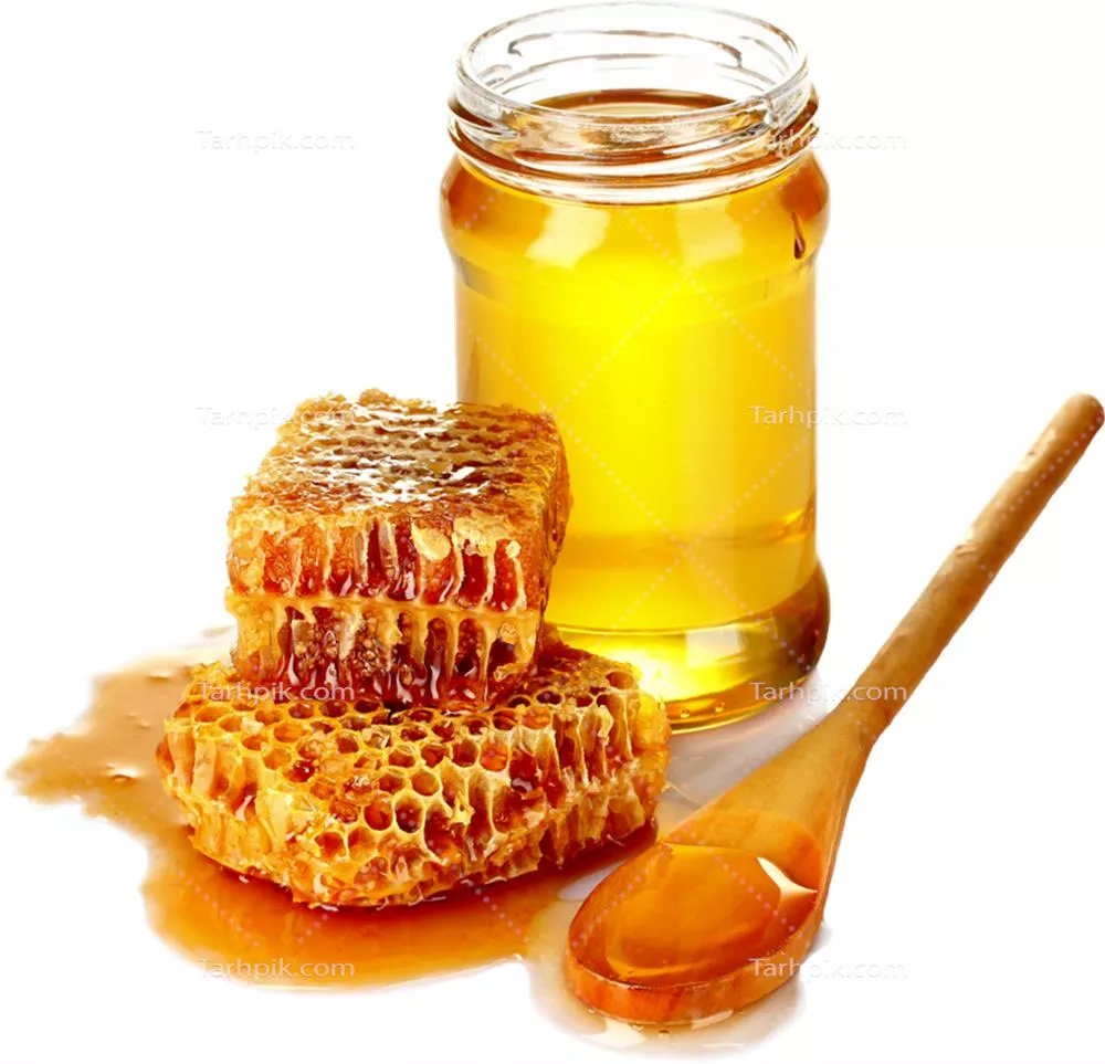 عکس دوربری شده شیشه پر از عسل و موم زنبور عسل و قاشق عسل