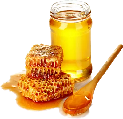 عکس دوربری شده شیشه پر از عسل و موم زنبور عسل و قاشق عسل