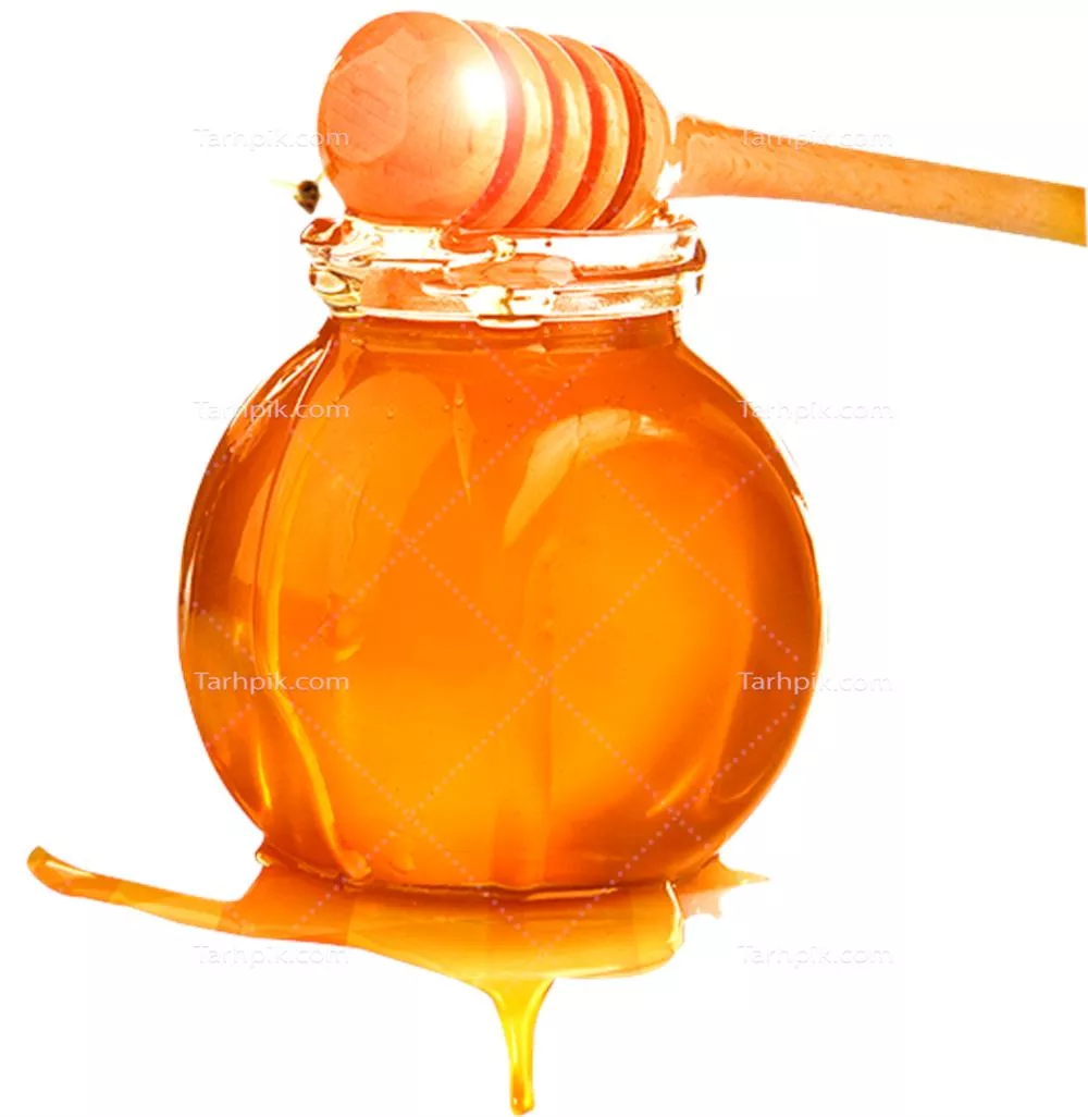 عکس دوربری شده عسل طبیعی صبحانه در شیشه به همراه قاشق چوبی مخصوص