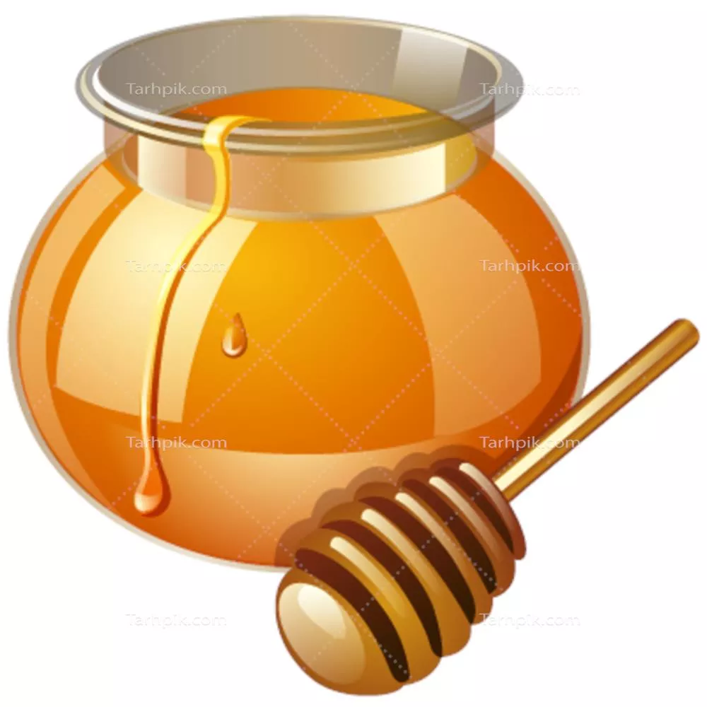 عکس دوربری شده کارتونی عسل زنبور عسل درون شیشه همراه با قاشق چوبی مخصوص