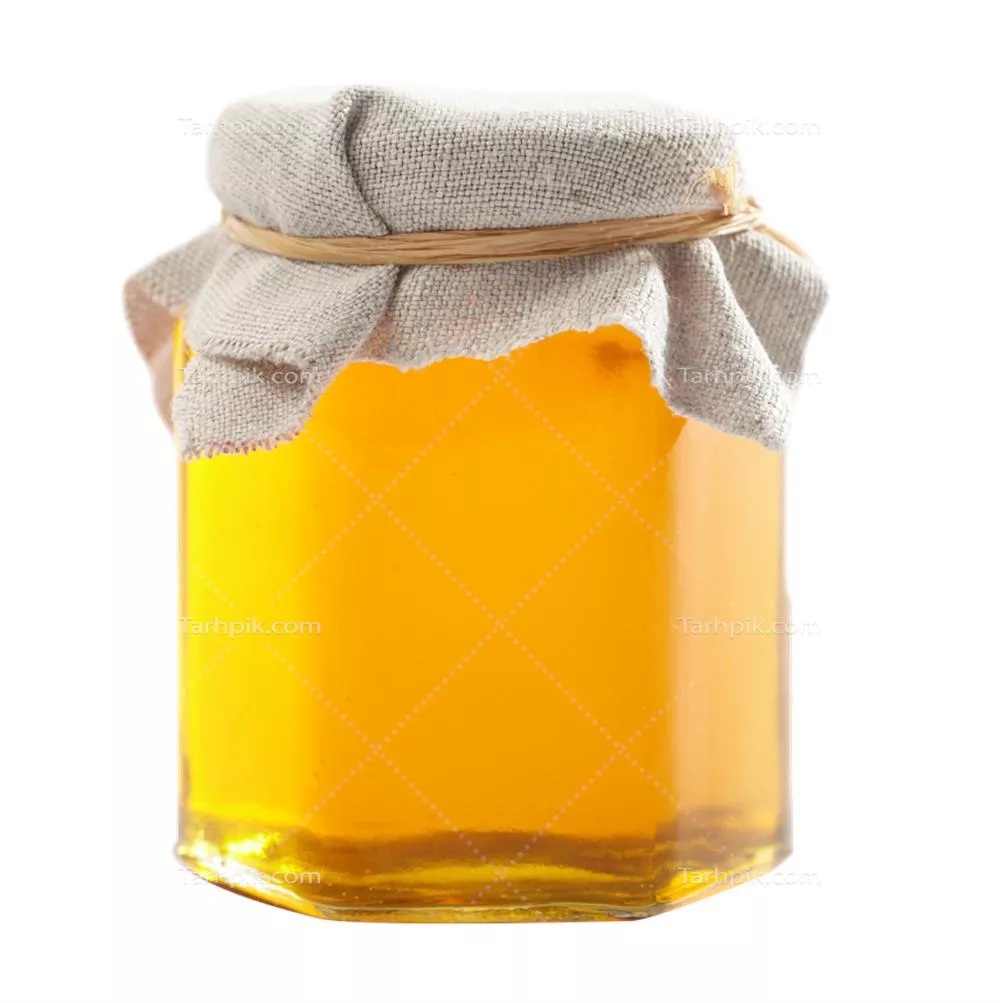 عکس دوربری ظرف شیشه ای عسل زنبور عسل با درپوش پارچه ای مخصوص