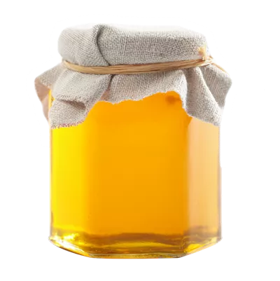 عکس دوربری ظرف شیشه ای عسل زنبور عسل با درپوش پارچه ای مخصوص