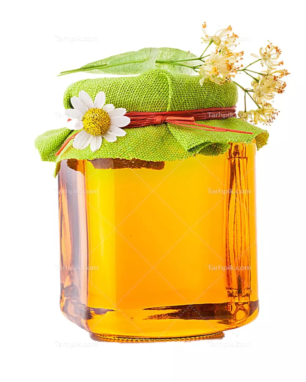 عکس دوربری شده شیشه عسل با درپوش سبز پارچه ای و تزئین شده با گل