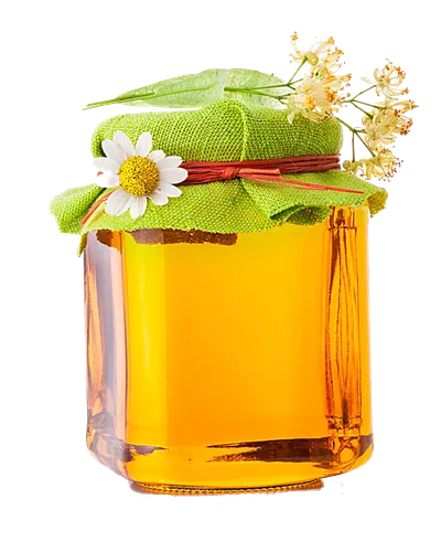 عکس دوربری شده شیشه عسل با درپوش سبز پارچه ای و تزئین شده با گل