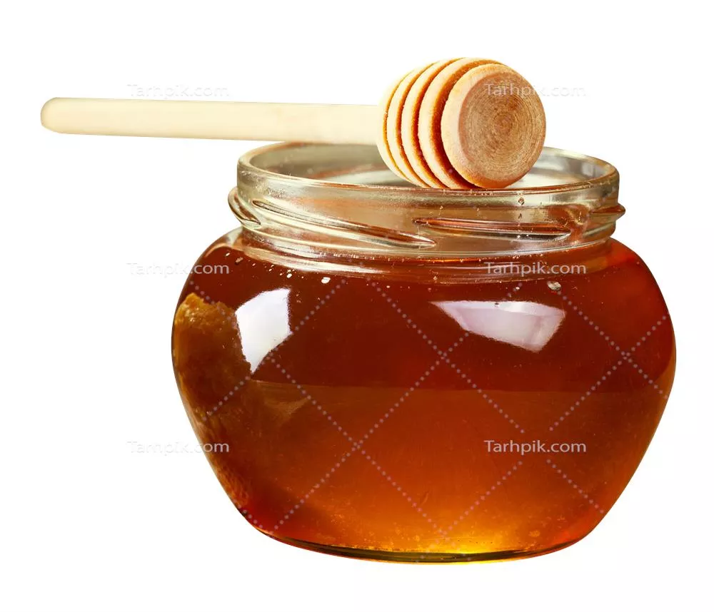 عکس دوربری مواد غذایی ارگانیک شیشه عسل و قاشق چوبی