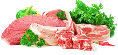 عکس دوربری شده گوشت قرمز در احاطه سبزی