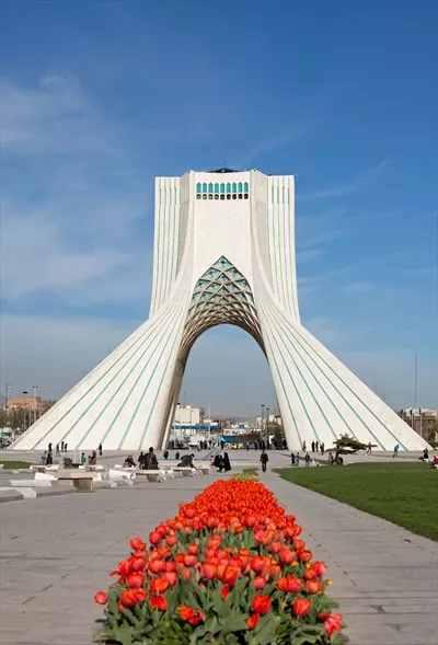 تصویر با کیفیت دسته گل زیبا در پس زمینه میدان آزادی