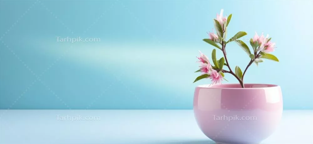 تصویر زمینه گلدان گل صورتی روی پس زمینه آبی