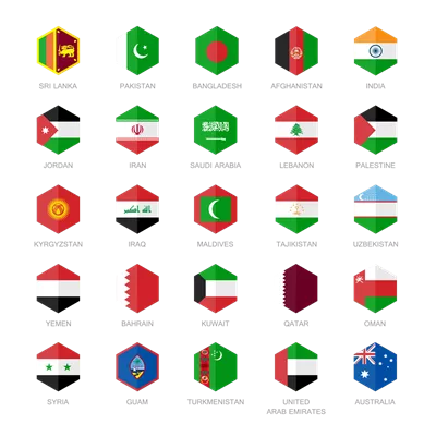 عکس دوربری نمادهای پرچم آسیای خاورمیانه و جنوب آسیا با طراحی مسطح شش ضلعی