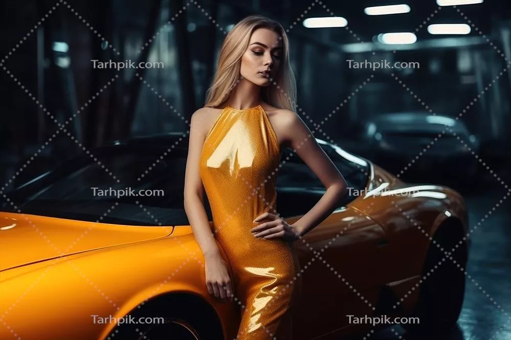 تصویر یک زن جذاب با لباسی زیبا و ایستاده در کنار یک ماشین اسپرت
