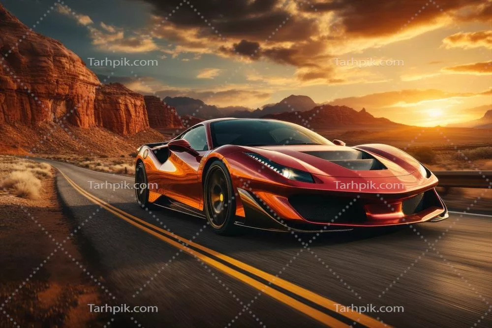 عکس خودروی اسپرت لوکس خارجی در یک بزرگراه خالی در غروب خورشید