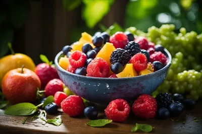 عکس کاسه ای پر از مجموعه ای رنگارنگ از میوه های ارگانیک تازه