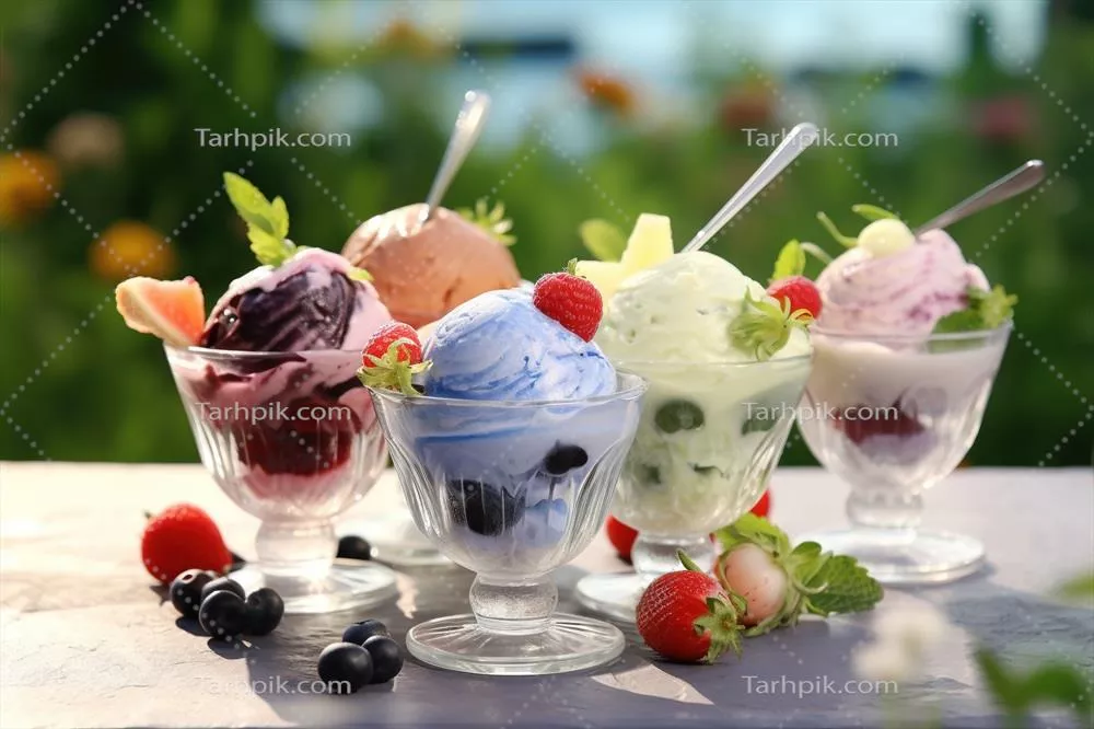عکس بستنی با طعم های مختلف در یک کاسه شیشه ای