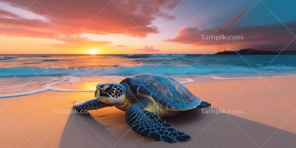 عکس لاک پشت در ساحل در غروب خورشید