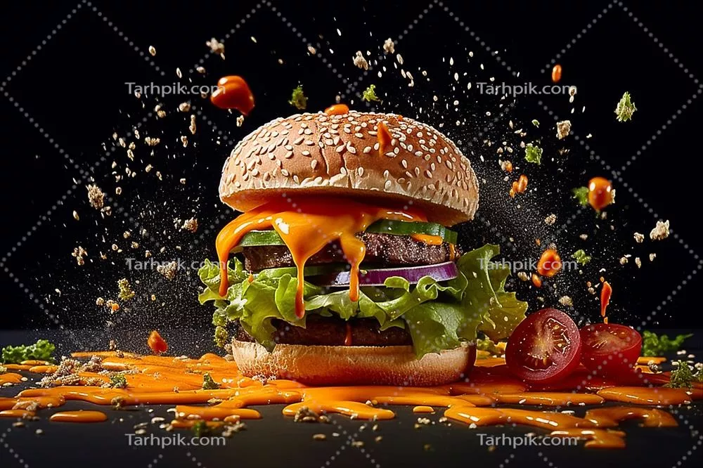 عکس همبرگر با پنیر و سس فراوان