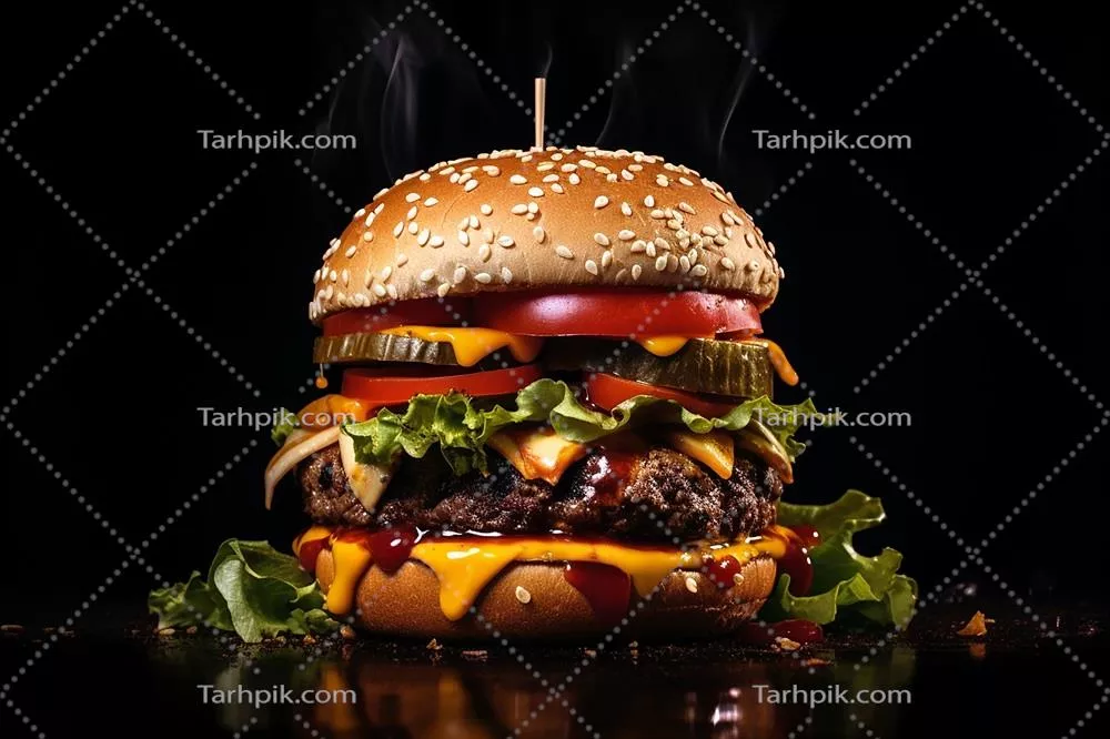عکس همبرگر خوشمزه روی تخته چوبی