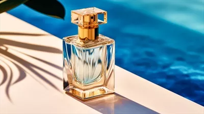 عکس بطری عطر زنانه لوکس در کنار استخر