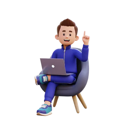 عکس دوربری شخصیت کارتونی مرد نشسته روی مبل درحال کار با لپتاپ