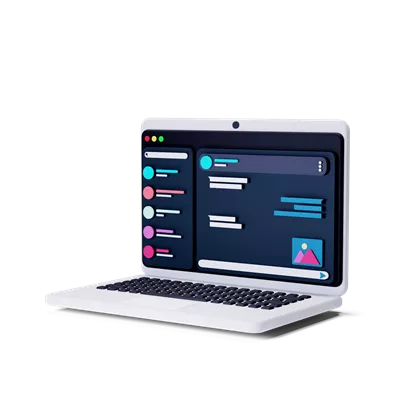 عکس دوربری اینفوگرافیک لپ تاپ سفید با صفحه چت فانتزی سه بعدی کارتونی