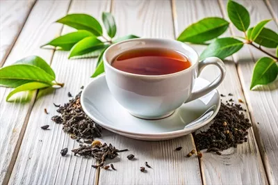 عکس یک فنجان چای سیاه روی میز چوبی با برگ های سبز