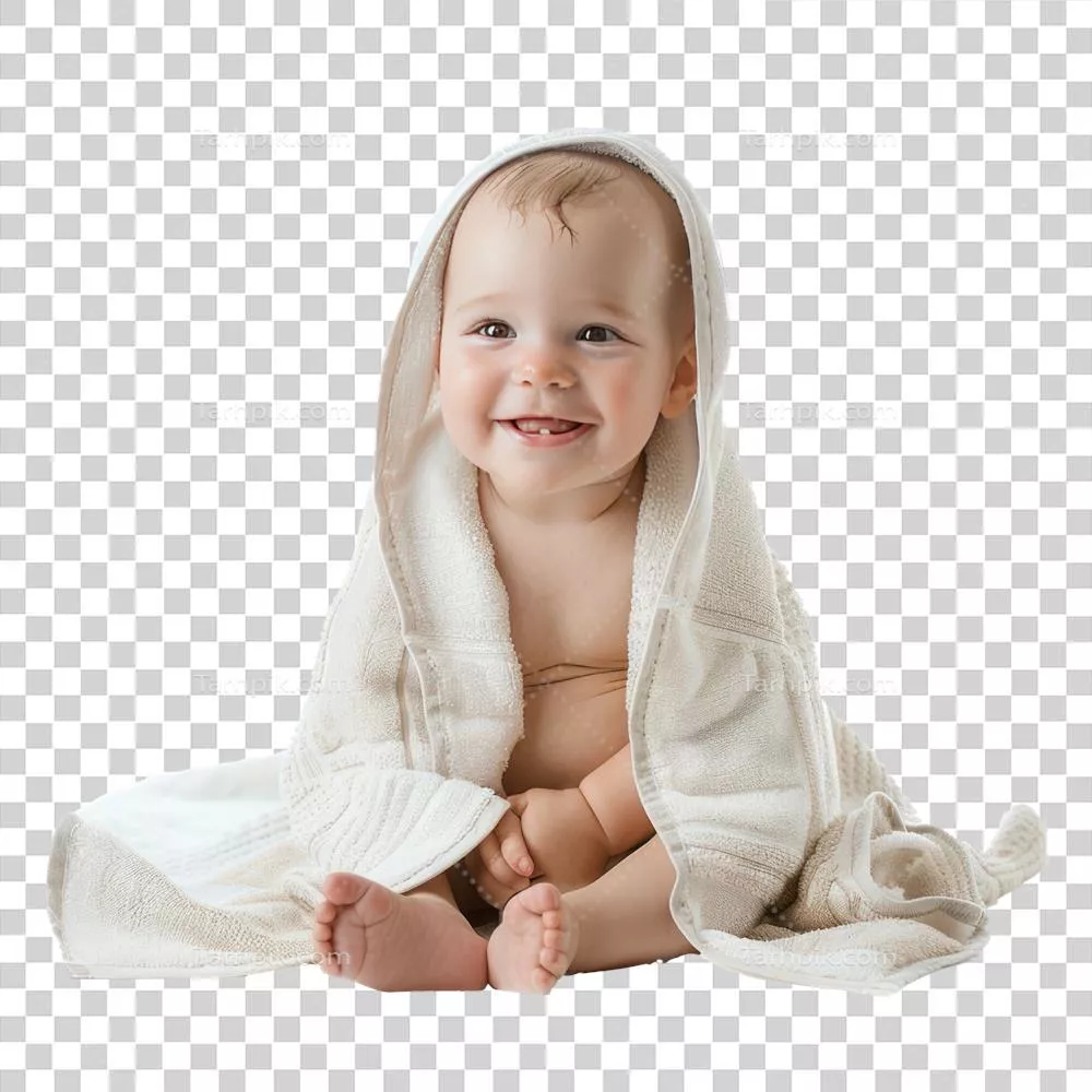 عکس دوربری کودک ناز نشسته با لبخند با حوله ی حموم