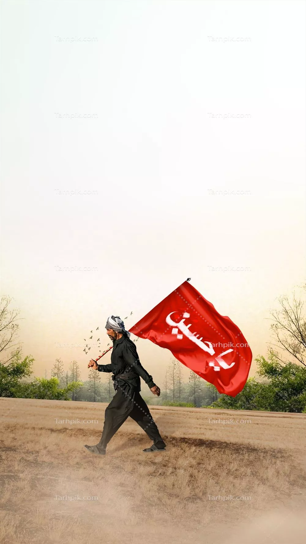 عکس زائر پیاده امام حسین با پرچم یا حسین