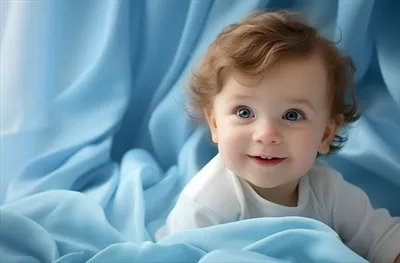 عکس پرتره یک پسر کوچک ناز در پس زمینه پارچه آبی