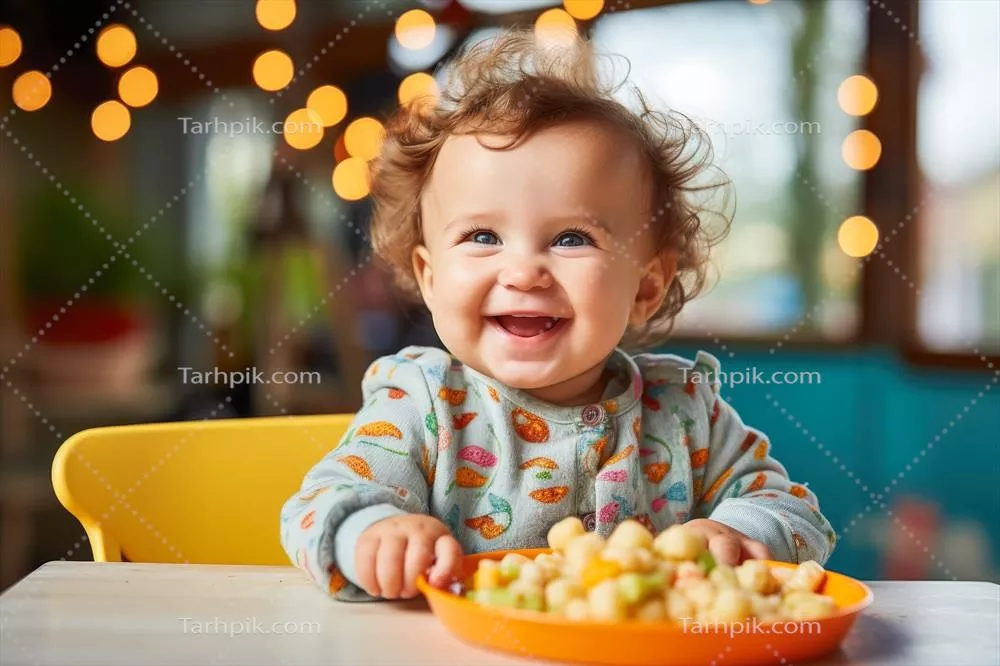 عکس از دختر بچه مو فرفری نشسته روی صندلی غذا