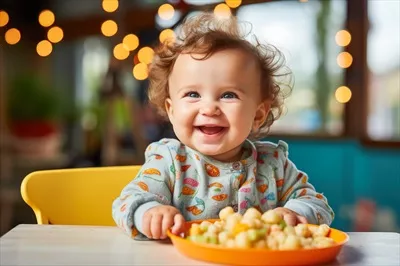 عکس از  دختر بچه مو فرفری نشسته روی صندلی غذا