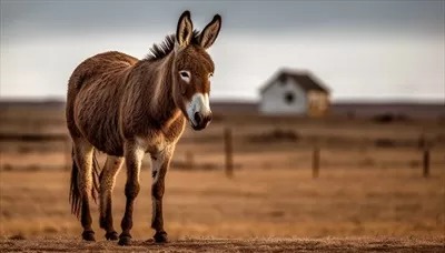 عکس تصویری از الاغ در دشت باز با خانه‌ای در پس‌زمینه