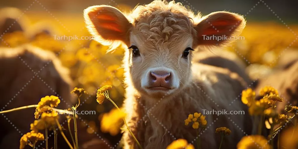 عکس گوساله‌ای در میان گل‌های زرد درخشان در نور طلایی غروب