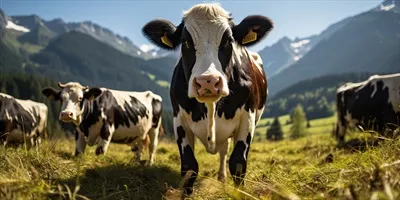 عکس گله گاوها در مراتع سرسبز کوهستانی با چشم‌انداز زیبا