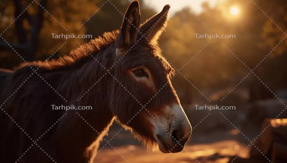 عکس تصویری از الاغ در غروب آفتاب با نور طلایی و پسزمینه طبیعی