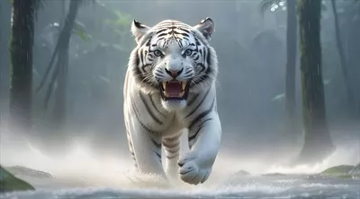 عکس ببر سفید در حال دویدن در جنگل مه آلود و مرموز