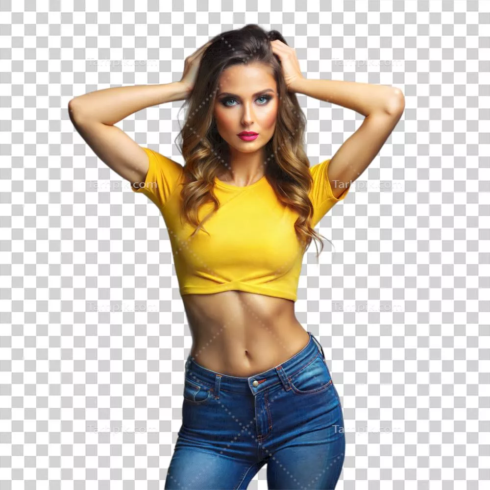 عکس دوربری مدلینگ با تی شرت زرد و شلوار جین: استایل و زیبایی