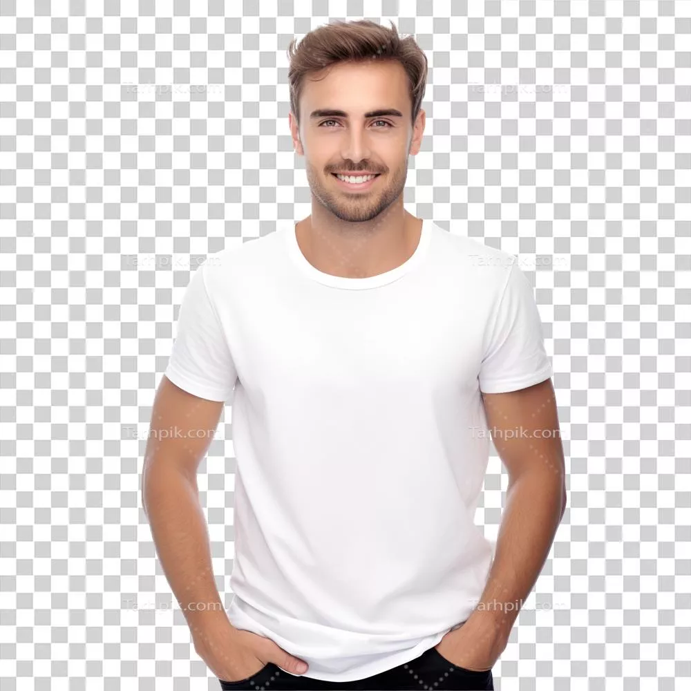 عکس دوربری تصویری از مردی با تی شرت سفید و لبخند بر چهره
