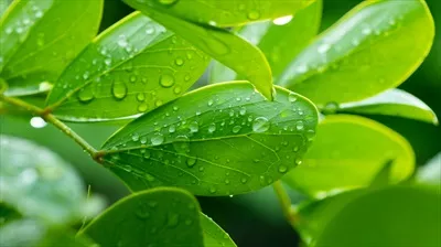 عکس تصویری از برگ های سبز با قطرات شبنم درخشان