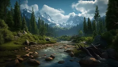 عکس منظره ای از رودخانه ای آرام در دل جنگل و کوهستان های سرسبز
