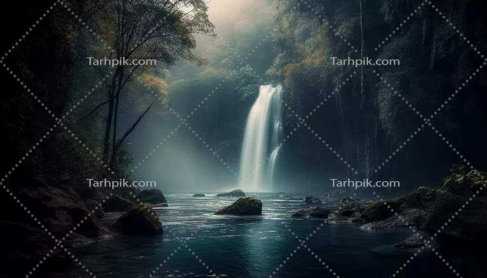 عکس آبشار زیبا در دل جنگل با نورپردازی طبیعی و آرامش بخش