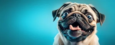 عکس یک سگ پگ شاد بر روی پس زمینه آبی با کیفیت بالا