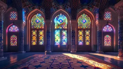 عکس اتاقی با پنجره های شیشه ای رنگی و فرش آبی زیبا
