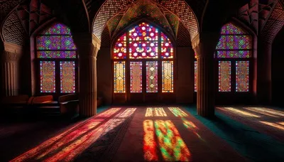 عکس کلیسای باشکوه با پنجره های شیشه ای رنگی و معماری گوتیک زیبا