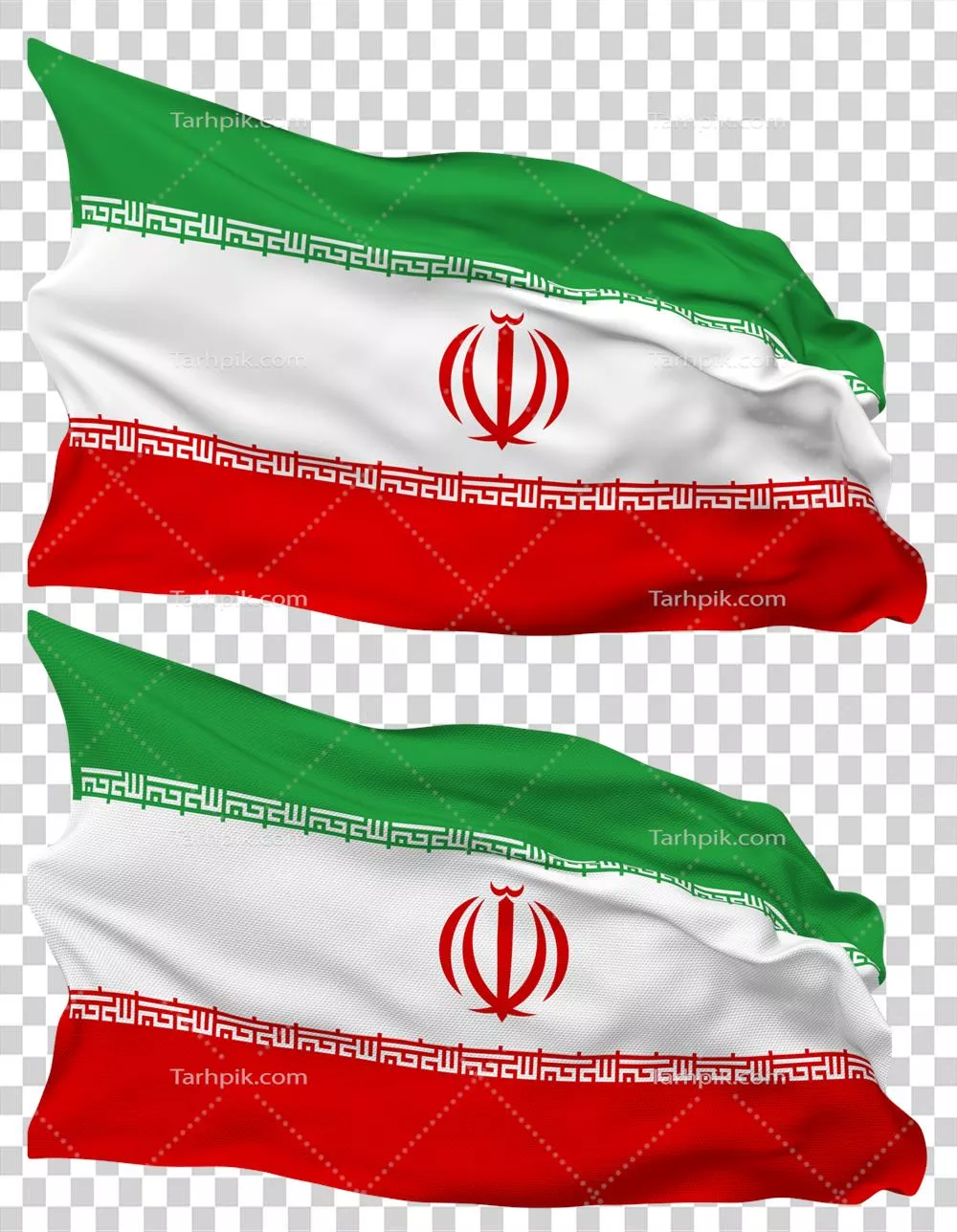 عکس دوربری پرچم ایران در حال اهتزاز با بافت صاف و برجسته در پس زمینه شفاف