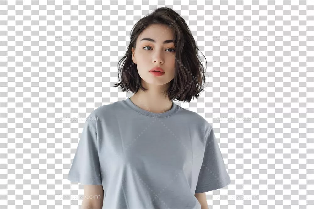 عکس دوربری مدل زن قفقازی با تی شرت خاکستری در پس زمینه شفاف