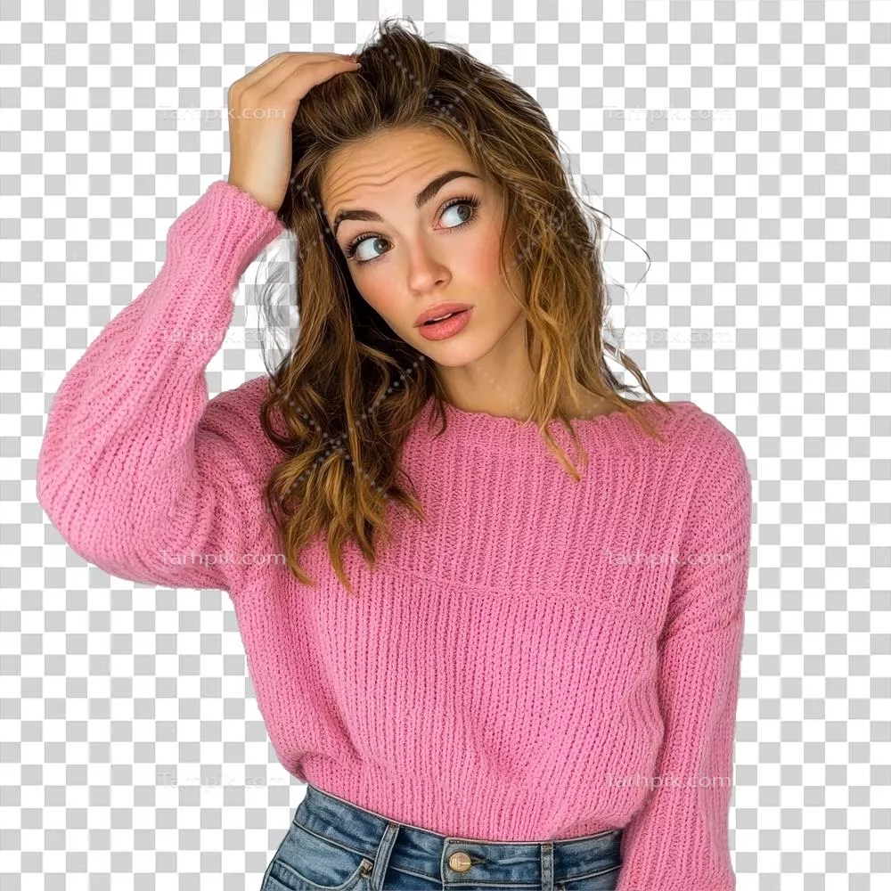 عکس دوربری زنی جوان با سویشرت صورتی در استودیو، تصویر شفاف و زیبا