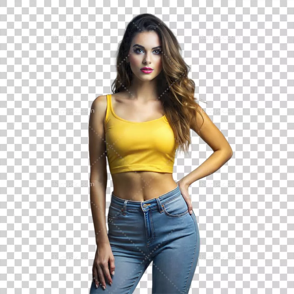 عکس دوربری زنی جوان و با اعتماد به نفس در حالتی غیررسمی بر روی پس زمینه شفاف