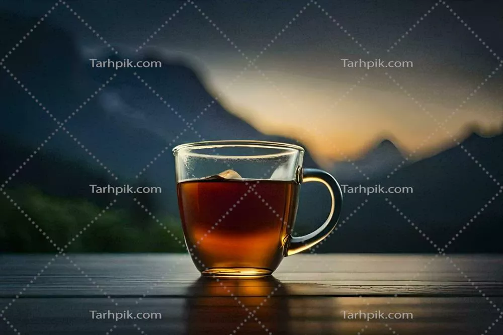 عکس یک فنجان چای بر روی میزی در مقابل کوه ها - تصویرسازی هنری